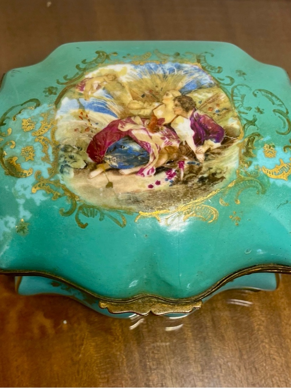 Antique French Turquoise Hand-Painted Decorative Jewelry Box with Romantic Scene